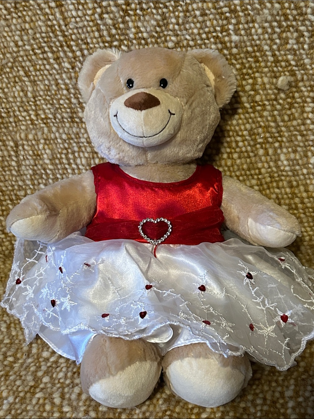 Build-A-Bear Tan Teddy in Red Satin and White Heart Dress